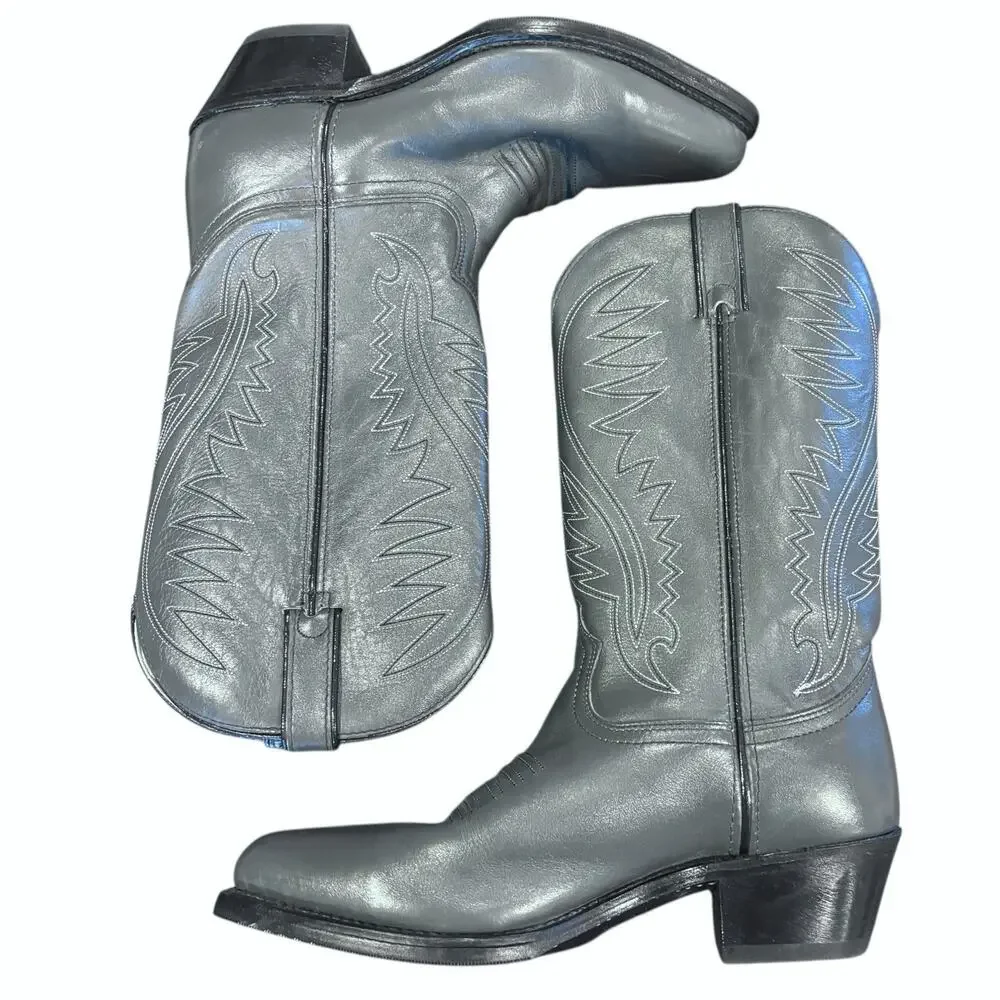Vintage Lehigh Steel Toe Gray Leather Cowboy Boots Vibram Sole Men's 8.5D